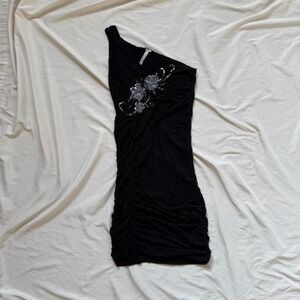 Misope One Shoulder Black Sequin and Flower Embellishment Dress Sz XS/S